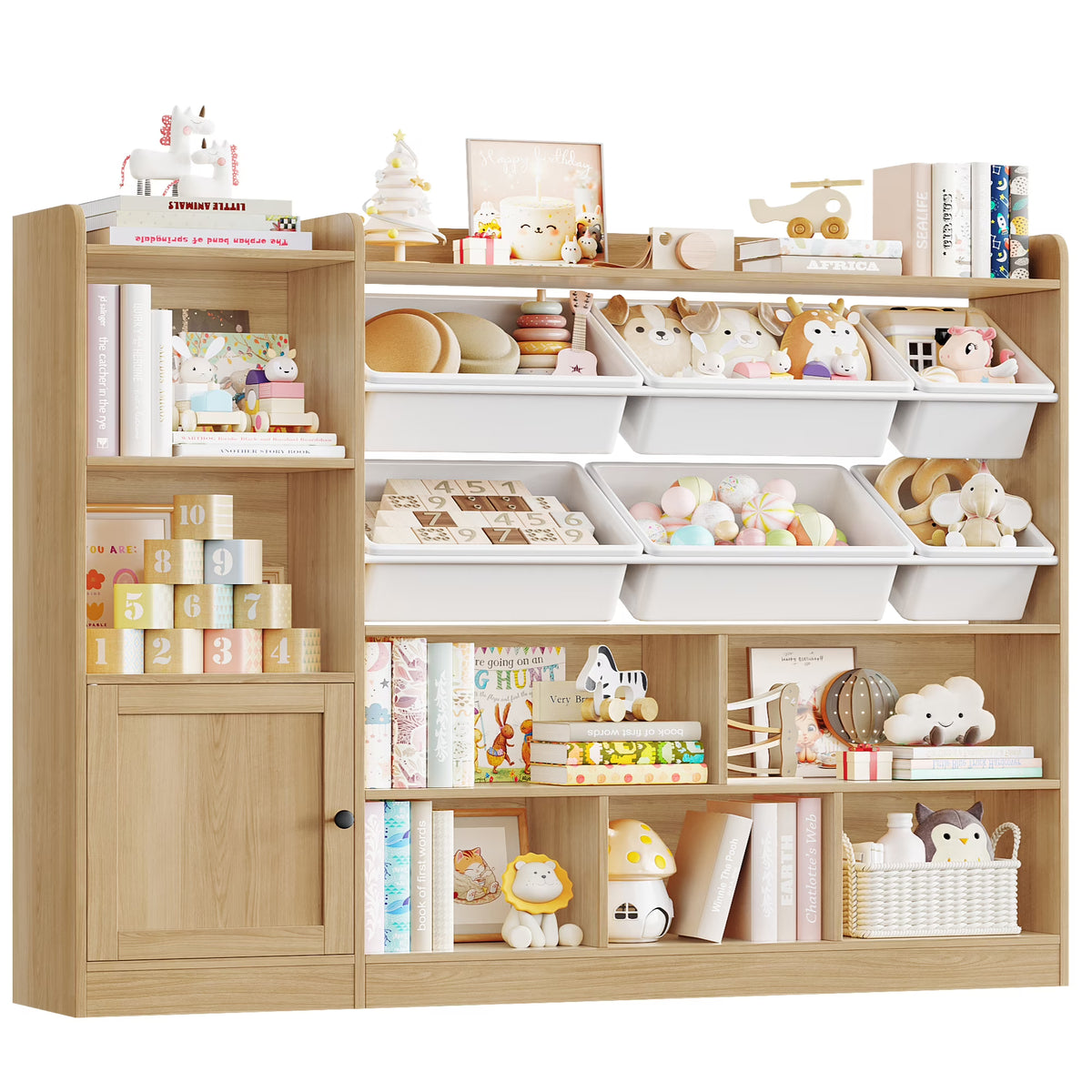 Hiphuta 55"In Kids Bookcase with Toy Storage Organizer, Wood Cube Bookcase Toy Chest of 8 Compartments & 6 Movable Bins, Bookshelf for Kids Bedroom, White