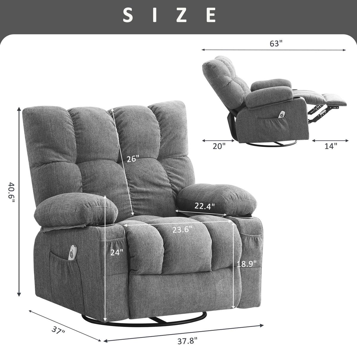 JONPONY Manual Recliner Chair with Heat Therapy and Massage Function, Heavy Duty Reclining Mechanism Massage Chair, Elderly Single Rocker Sofa with Cup Holders for Bedroom Home Theater,Grey