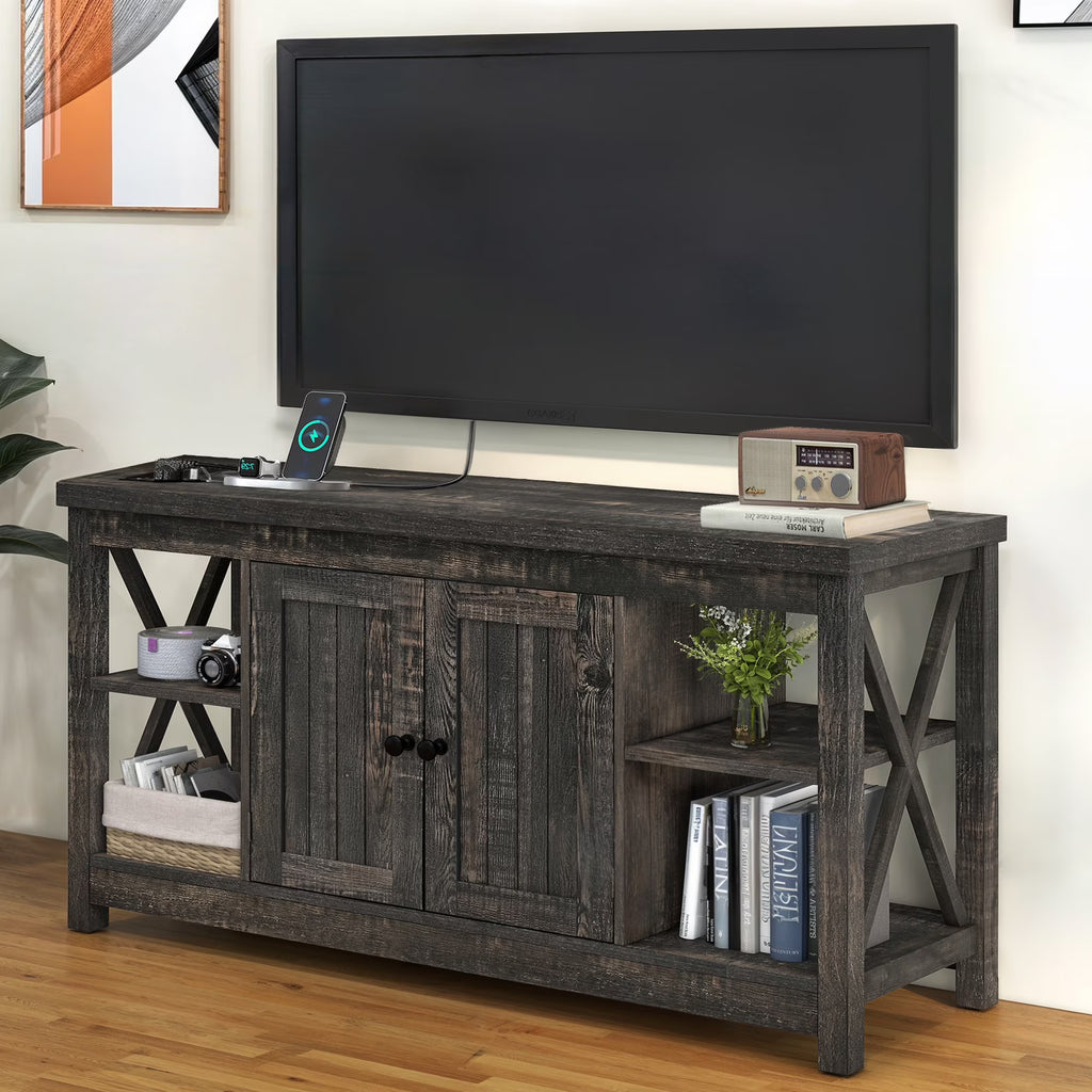 DWVO Farmhouse TV Stand with Built in Power Outlet, Entertainment Center with Storage, Wood TV Media Console for Living Room, White