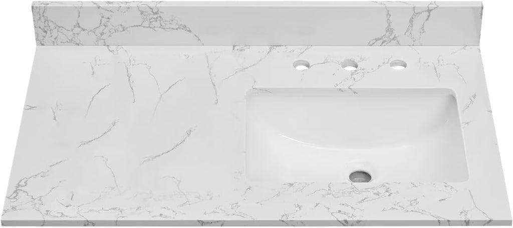 36x22 Engineered Stone Vanity Sink Top, White Bathroom Countertop with Undermount Left Sink, Vanity Top with 8 inch 3 Faucet Hole Spacing and Backsplash