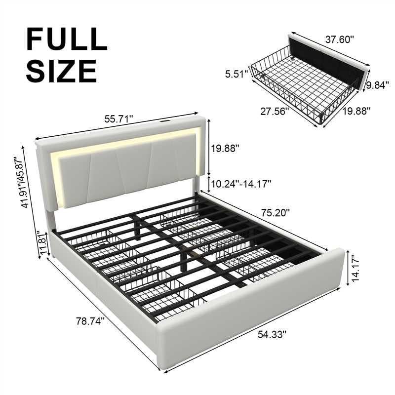 Full Size Upholstered LED Bed Frame with 4 Storage Drawers, Faux Leather Platform Bed with Adjustable Headboard, White