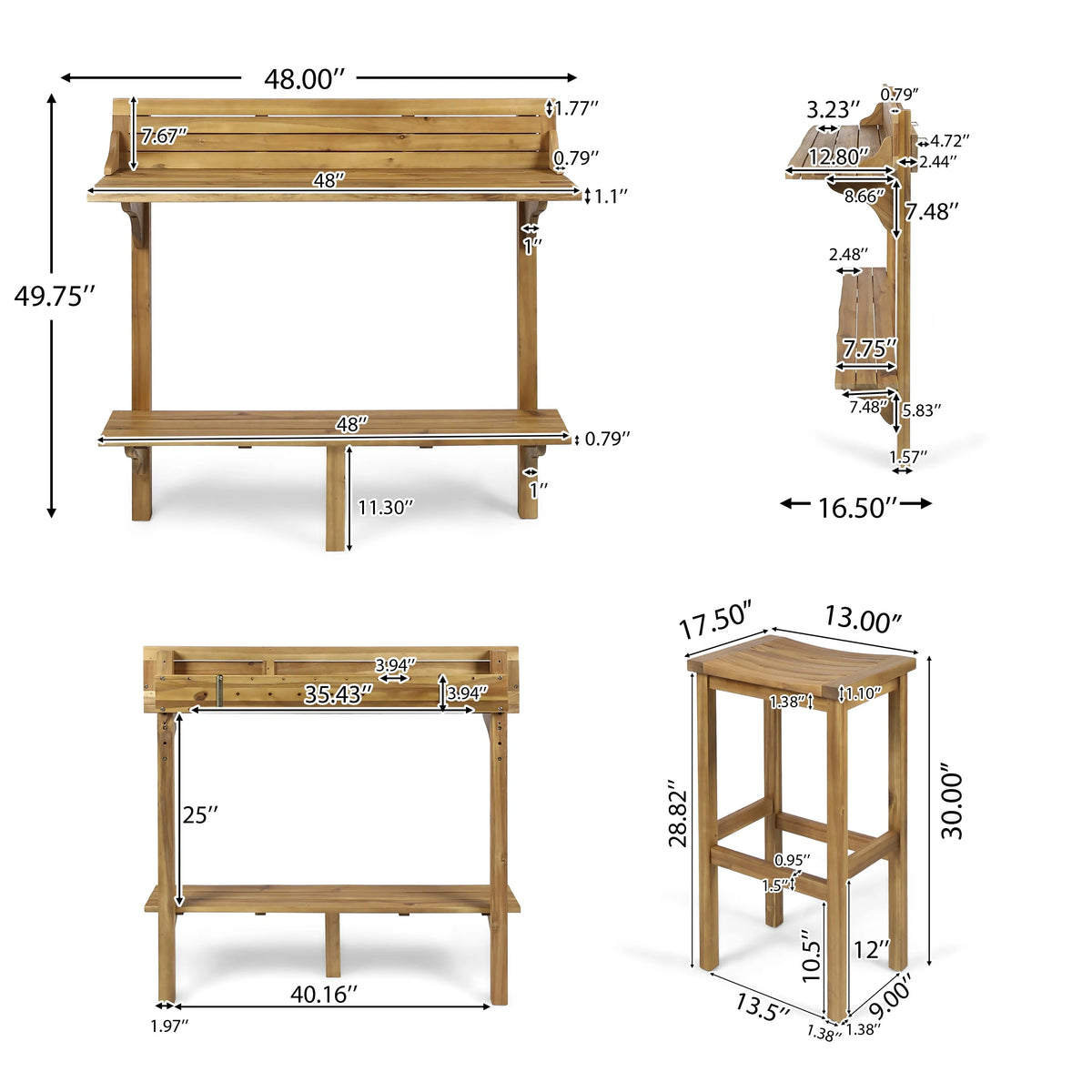 Caribbean Outdoor 3 Piece Acacia Wood Balcony Bar Set, Natural Stained