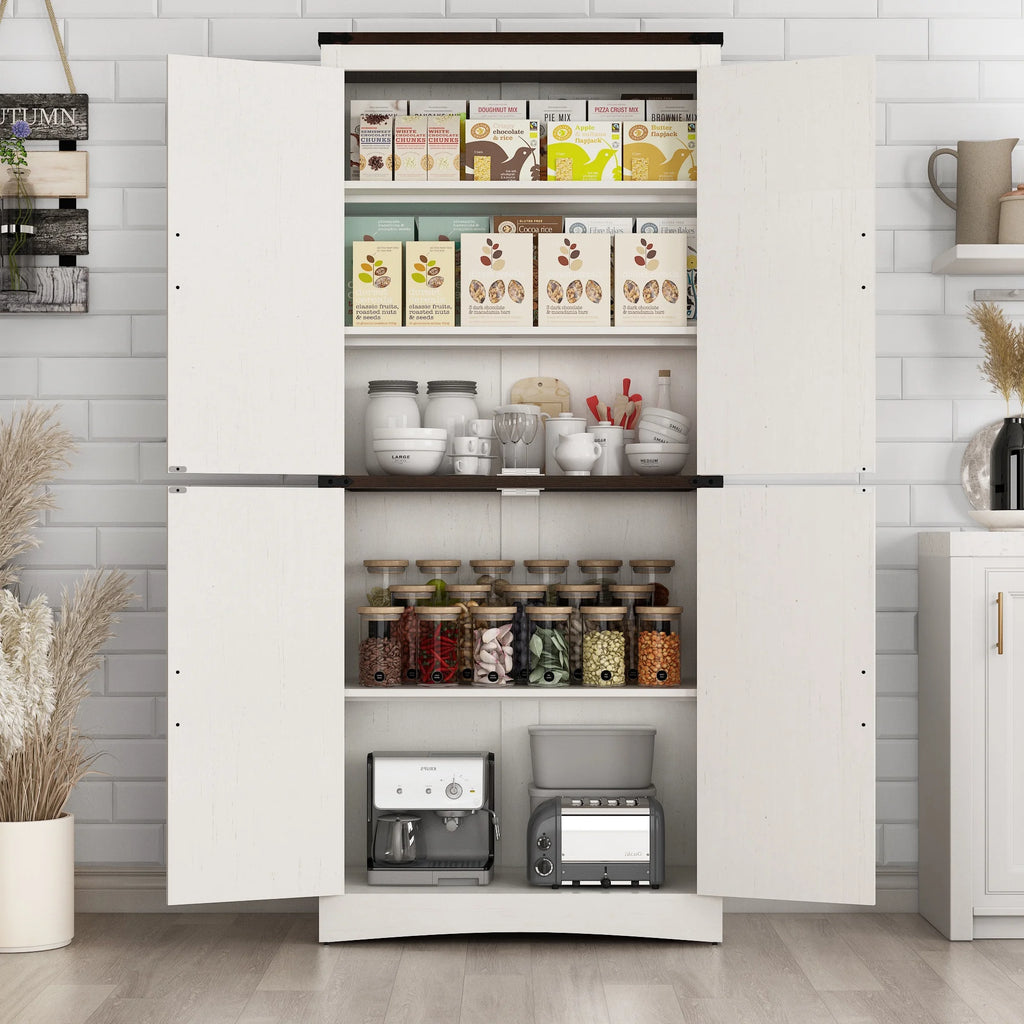 71" Tall Farmhouse Kitchen Pantry Cabinet, 5 Layers Storage Cabinet with Adjustable Shelves, Farmhouse Pantry Cabinet with 4 Barn Doors for Kitchen, Dining Room, Bathroom, Living Room, Rustic White