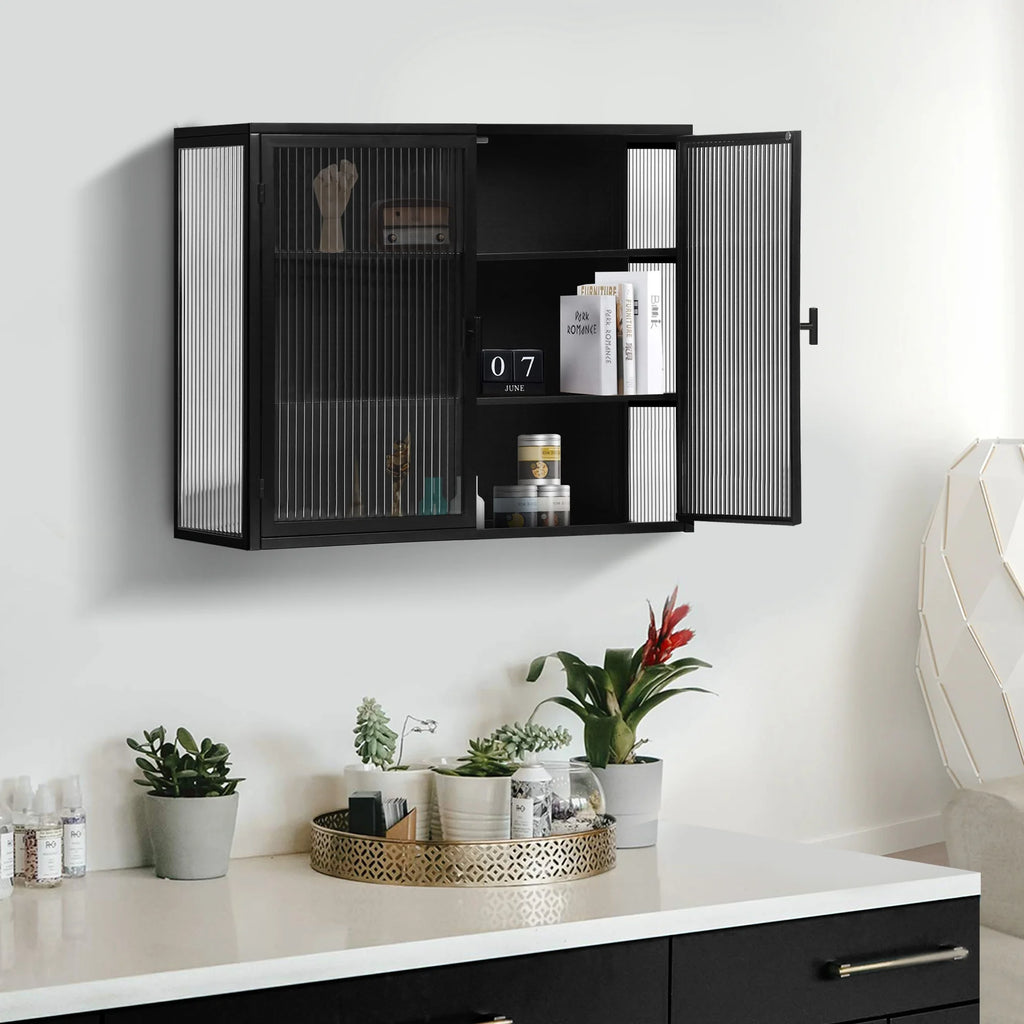 27.56"Modern Wall Cabinet with Glass Doors, Bathroom Cabinet with Featuring Three-tier Storage for Entryway Living Room, Bathroom or Dining Room, Mint Green