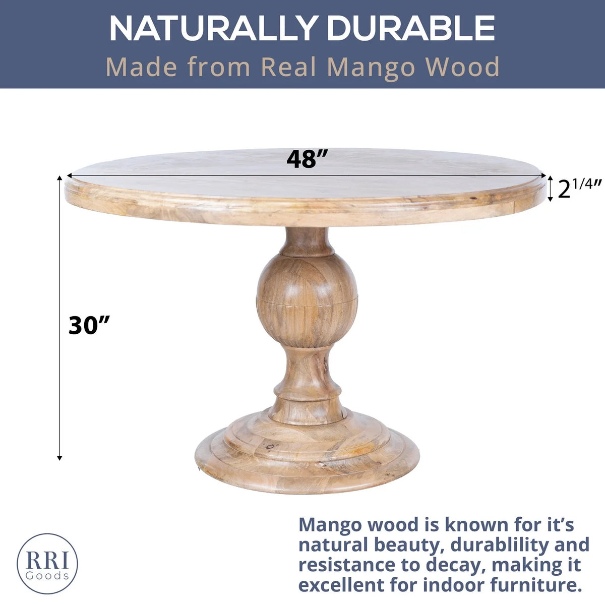 Mango Wood Round Dining Table - Pedestal Base - Mango Teak Finish - 48"Dia. x 30"H