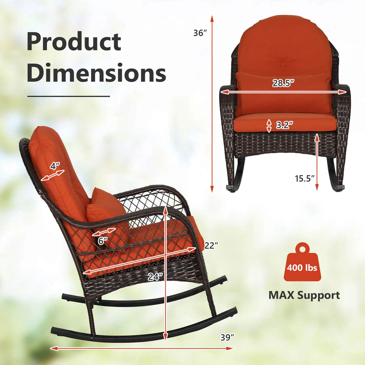 Costway Patio Wicker Rocking Chair W/Seat Back Cushions & Lumbar Pillow Porch Off White