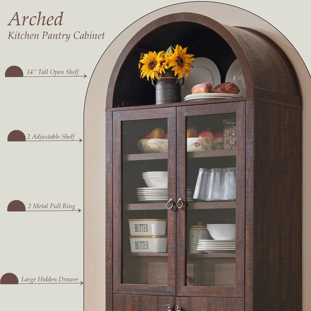 SinCiDo Arched Kitchen Pantry Storage Cabinet, 71-Inch Tall Wood Adjustable Shelves, 2 Doors, 2 Drawers