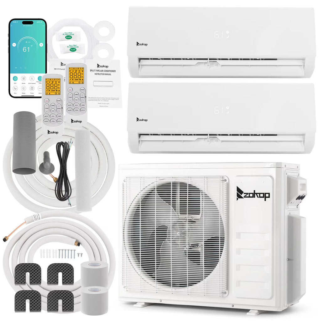 Ktaxon 2 Zone 9000 + 9000 BTU WIFI Mini Split AC/Heating System, 19 SEER2 Dual Zone 18000 BTU Ductless Split Air Conditioner with Pre-Charged Condenser, Heat Pump & 25Ft Installation Kit, 208-230V