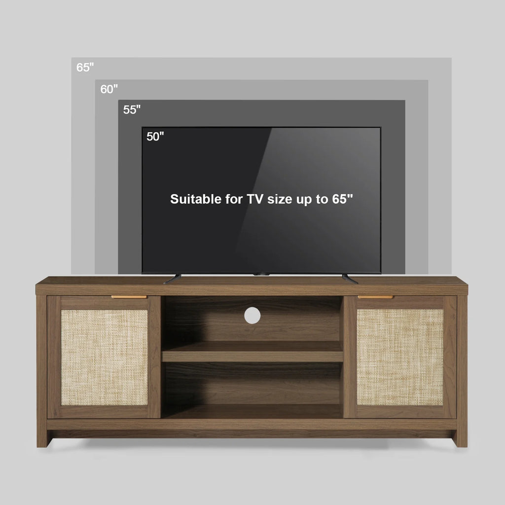 OAKHAM Rattan Tv Stands for 65 Inch Tv, Modern Farmhouse Entertainment Center, TV Console Table with Storage, Wood Media Console with Cabinet, Special Walnut