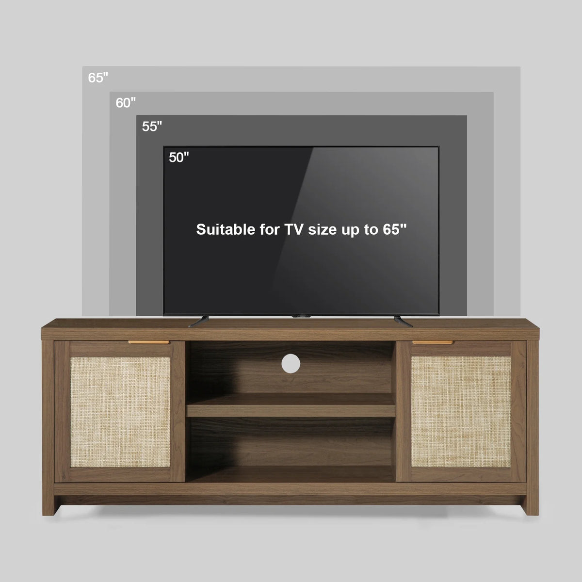 OAKHAM Rattan Tv Stands for 65 Inch Tv, Modern Farmhouse Entertainment Center, TV Console Table with Storage, Wood Media Console with Cabinet, Special Walnut