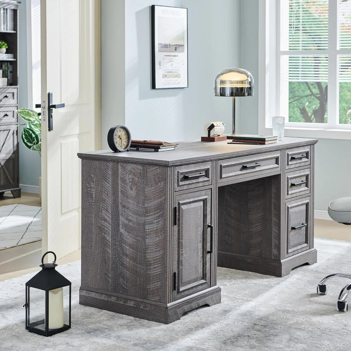T4TREAM Farmhouse Wood 58" Executive Desk, Home Office 30" High Computer Desk with Drawers and Storage Cabinet, White
