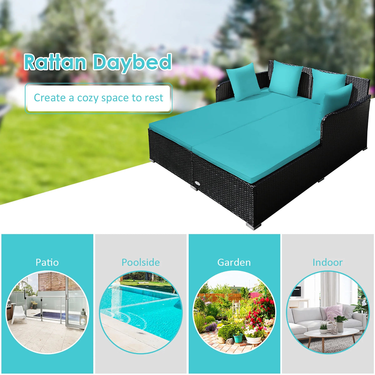 Costway Outdoor Patio Rattan Daybed Pillows Cushioned Sofa Furniture Beige