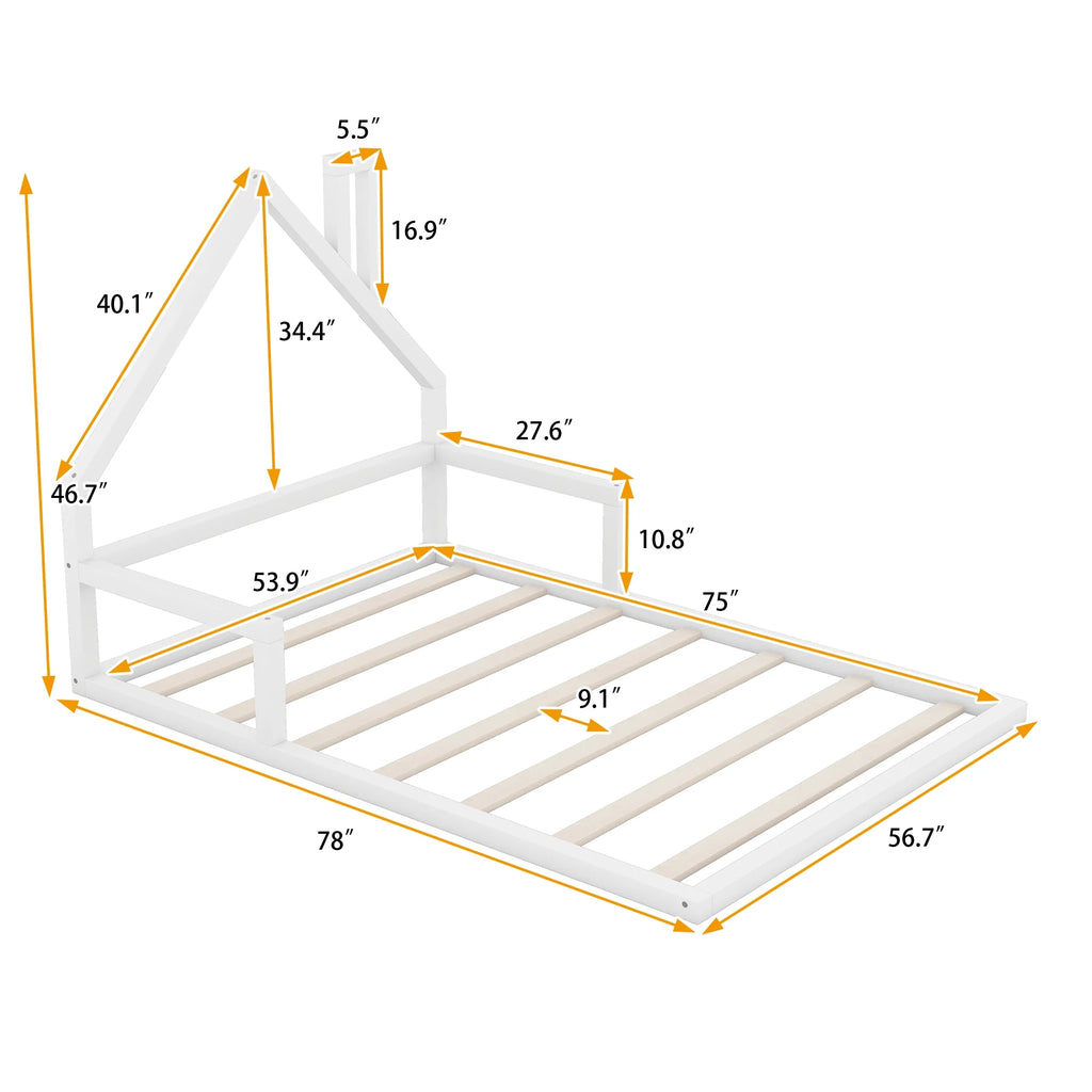 Euroco Twin Size Wood Floor Bed for Kids Room, Toddler House Bed, Natural