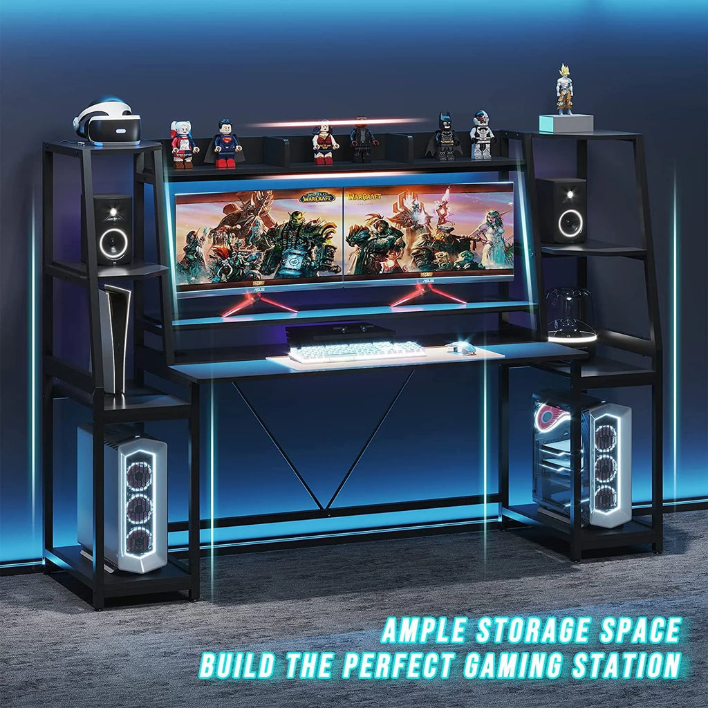 78.8inch Gaming Desk with LED Lights, Hutch and Storage Shelves, Ergonomic Computer Desk with Monitor Stand, Black