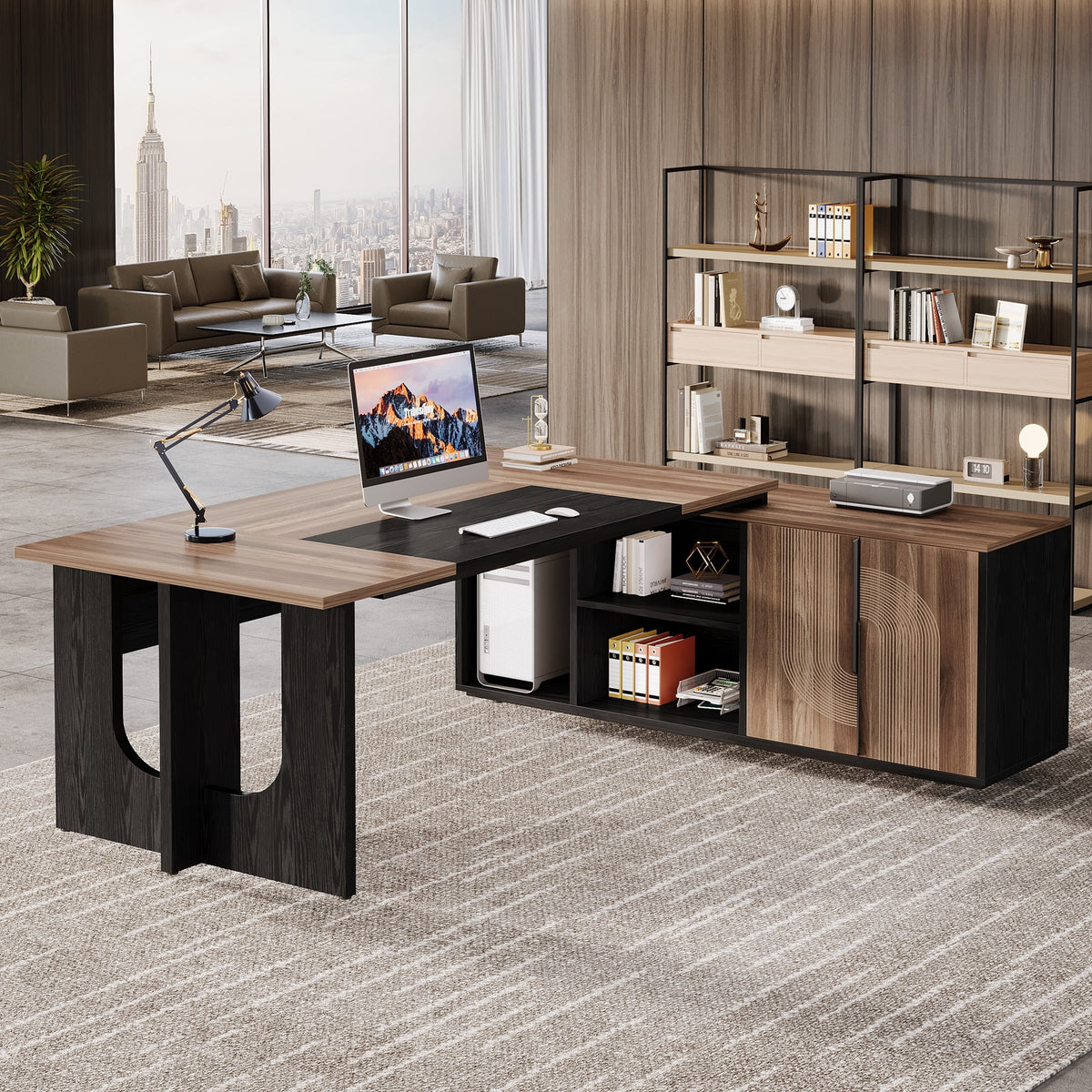 Tribesigns 74.8" Executive Desk, Large L Shaped Computer Desk Office Desk with Cabinet, White and Wood