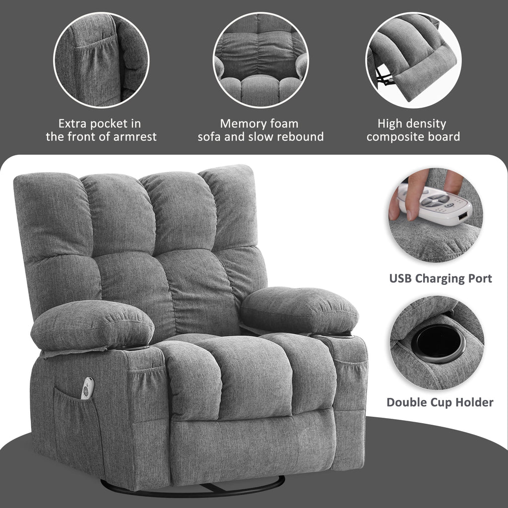 JONPONY Manual Recliner Chair with Heat Therapy and Massage Function, Heavy Duty Reclining Mechanism Massage Chair, Elderly Single Rocker Sofa with Cup Holders for Bedroom Home Theater,Grey