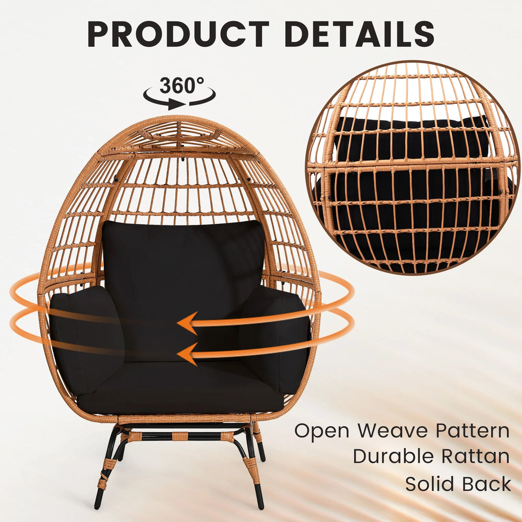 Skandiquip Oversized Rattan Adult Egg Chair, 360 Swivel, Outdoor Patio Chair with overstuffed Cushions, Indoor Large Wicker Egg Chair, Natural Rattan, Beige Cushion