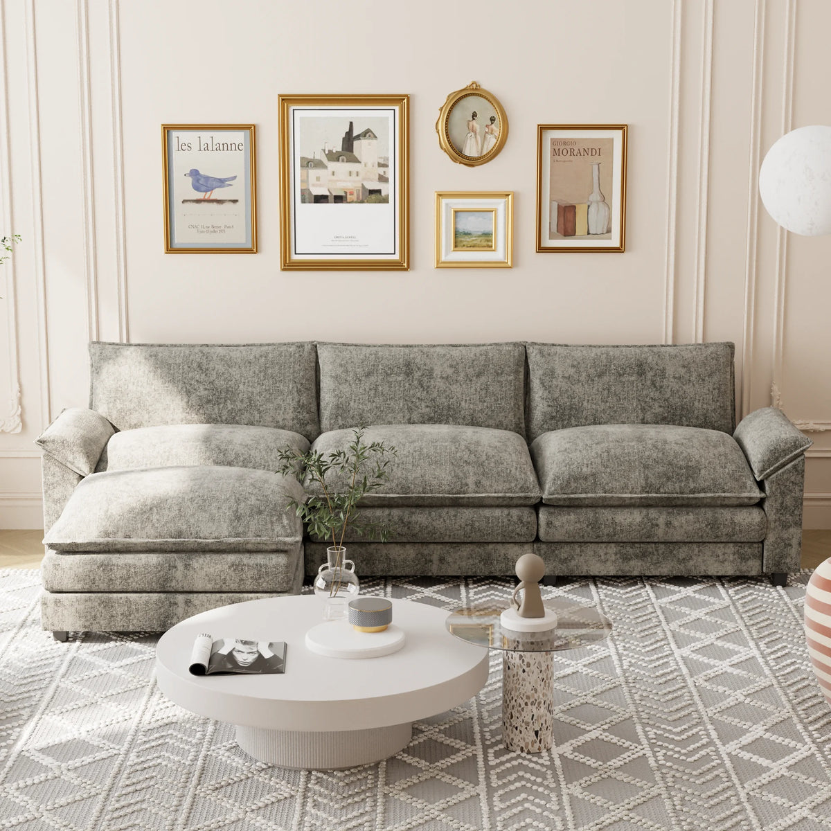 Homall Sectional Sofa 3-seat L-shaped Sofa with reversible toffee chair Movable Footrest Sofa,White
