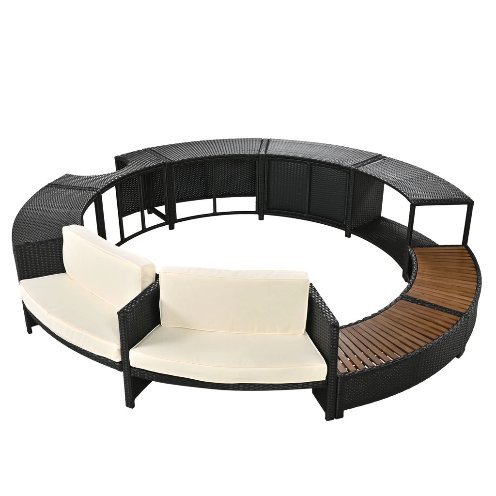 Round Hot Tub Surround Furniture, Spa Surround Outdoor Rattan Sectional Sofa Set with Mini Sofa, Solid Acacia Wood Hot Tub Storage Surround Patio Furniture Set, Gray Cushion