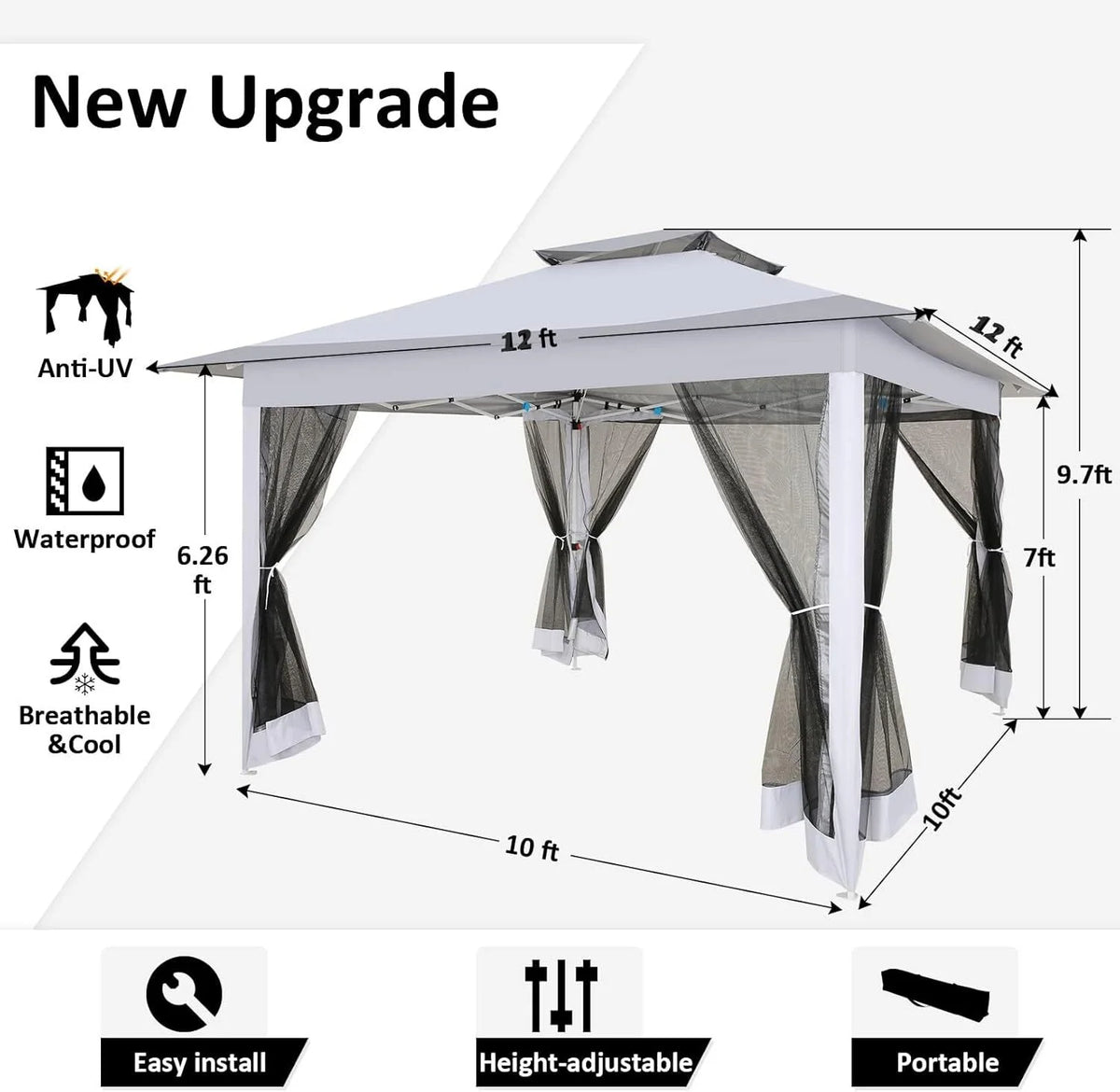 COBIZI 12x12 Outdoor Gazebo Pop Up Gazebo Canopy with Mosquito Netting Patio Tent Backyard Canopy with 2-Tiered Vented Top 3 Adjustable Height, Beige