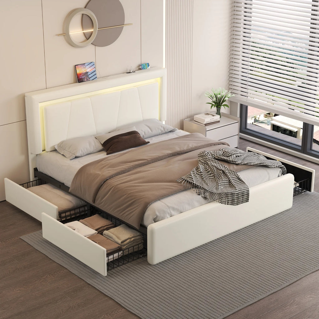 Full Size Upholstered LED Bed Frame with 4 Storage Drawers, Faux Leather Platform Bed with Adjustable Headboard, White