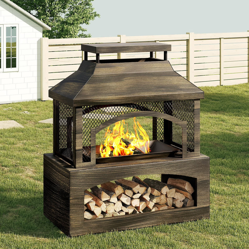 Bestier Fire Pits for Outside Wood Burning, Outdoor Fireplace with Log Storage Rack, Freestanding Chiminea Fireplace with Mesh Screen and Pocker for Backyard Patio Party Camping Picnic, 37"