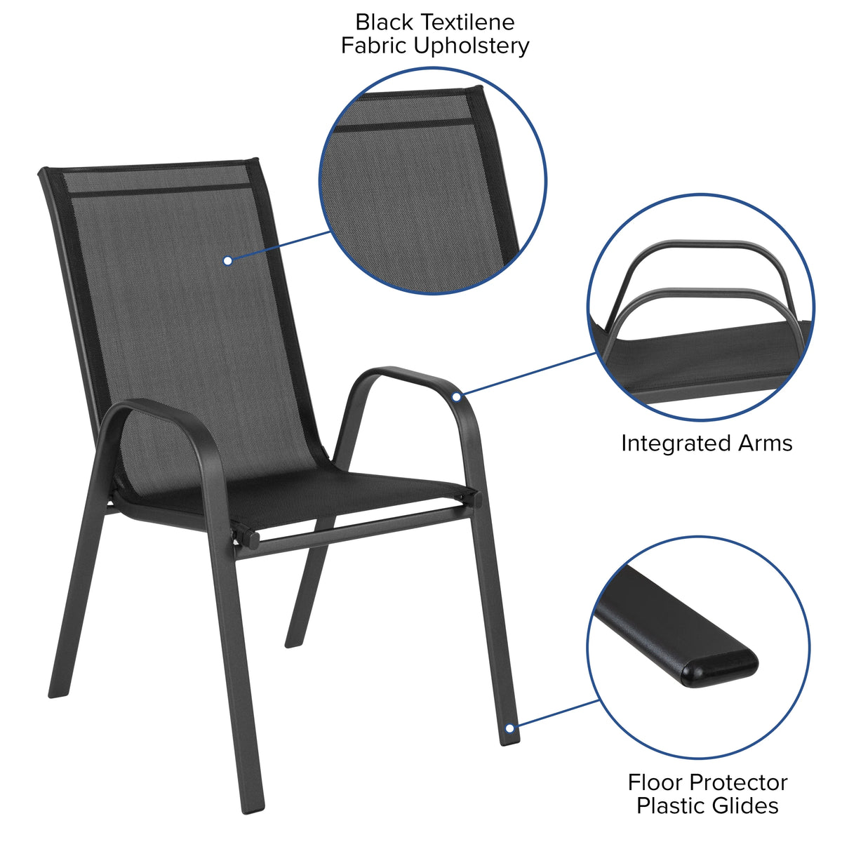 BizChair 5 Pack Black Outdoor Stack Chair with Flex Comfort Material and Metal Frame