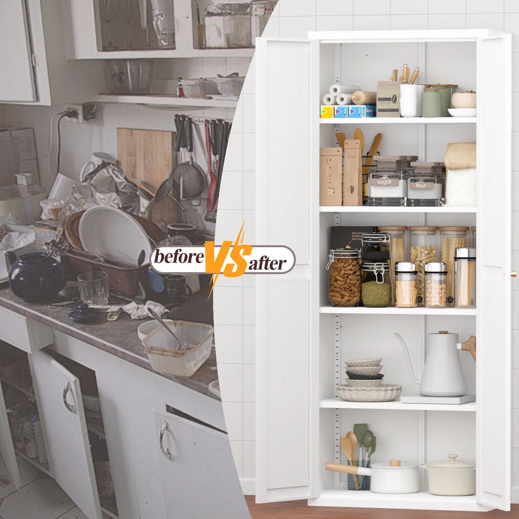 Aukfa 71" Freestanding Kitchen Pantry Storage Cabinet with 4 Adjustable Shelves, Metal Food Pantry Cupboard for Kitchen/Garage/Office, White