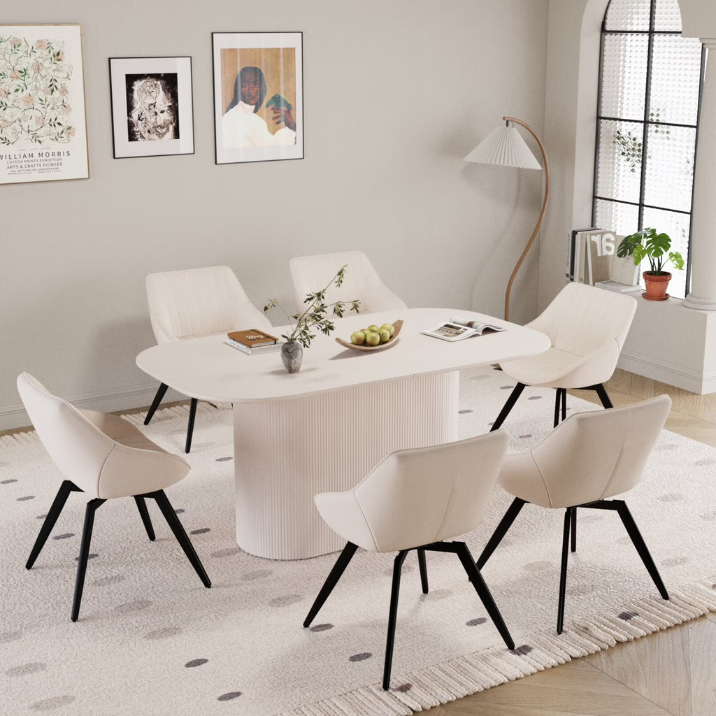 63" Oval Dining Table Set for 6, Wooden Dining Roon Table and 6 PU Swivel Armchairs, Modern Dining Set with High Backrest and Waterproof Tabletop for Living Room,  Beige+Brown