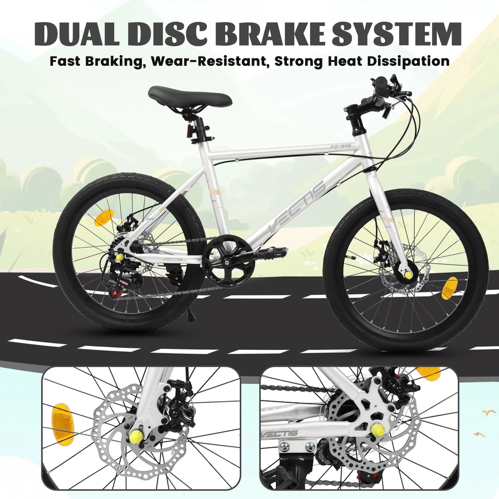 20 Inch Kids Bike for Boys Girls, 7-Speed Children Road Bike with Steel Frame and Dual Disc Brakes, Kids Road Bicycle for Ages 6-12 Years Old Birthday Gift, Silver