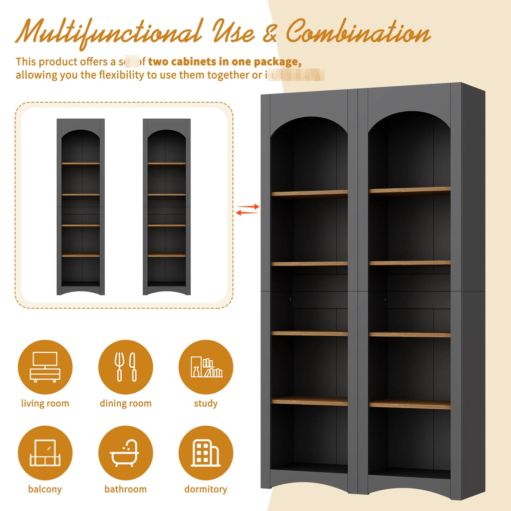 72"h Pantry Pair, 2 , Adjustable Shelves, , Black Finish 2 Bookcase , Cabinet With Vintage Style