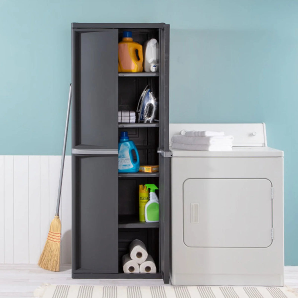 Wangbujianwang 4 Shelf Cabinet, Lockable Utility Storage w/ Adjustable Shelves, Gray - Plastic Shelving Unit for Organizing Garage, Pantry, Basement, Laundry Room or Mudroom