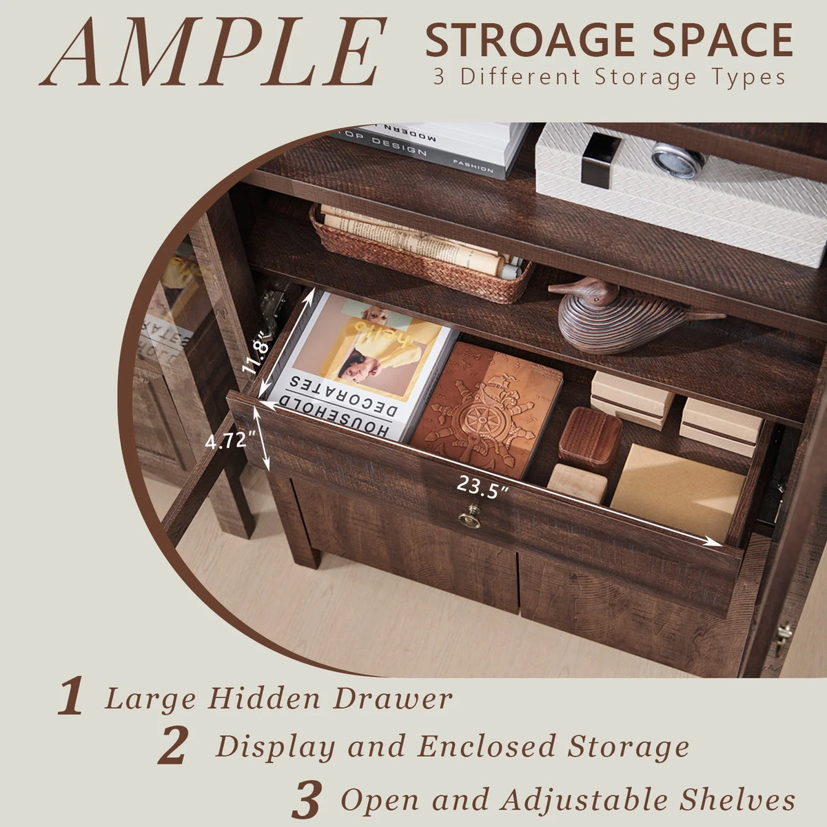 IFGET 71-Inch Arched 4-Tier Bookcase with Glass Doors and Drawers
