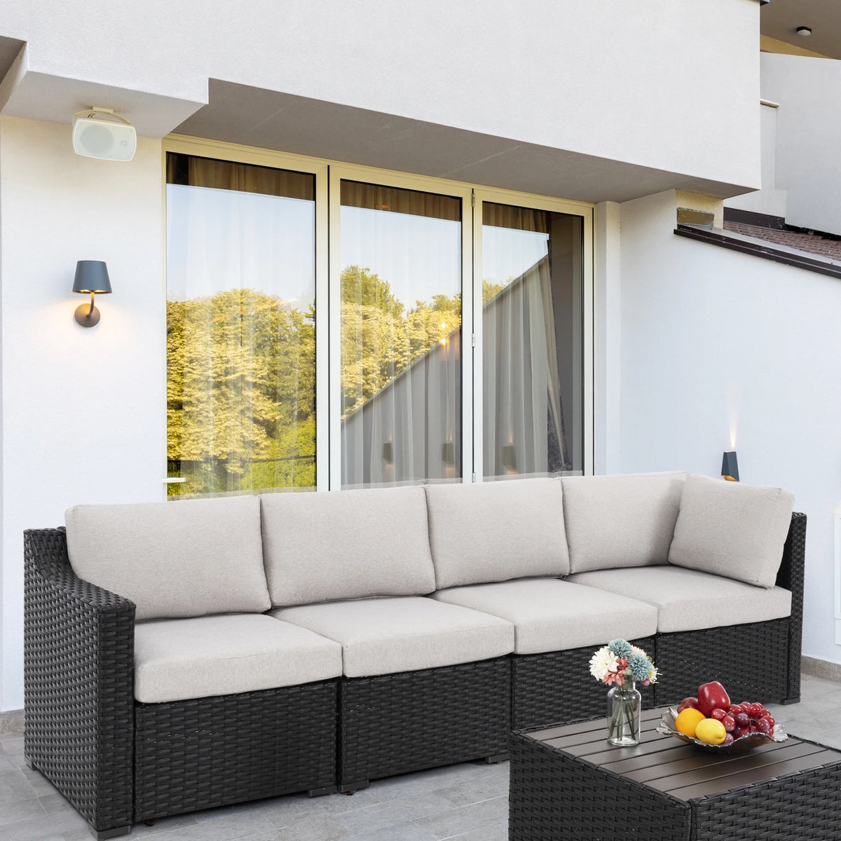 HAPPATIO 5-Piece Wicker Patio Conversation Set with Beige Cushions