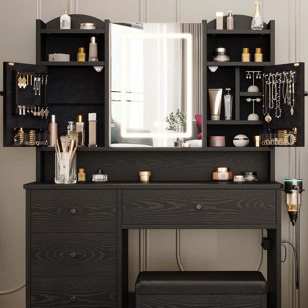 IRONCK White Vanity Set with Mirror and Lights, Makeup Vanity Desk with 5 Drawers & 2 Cabinets & Charging Station