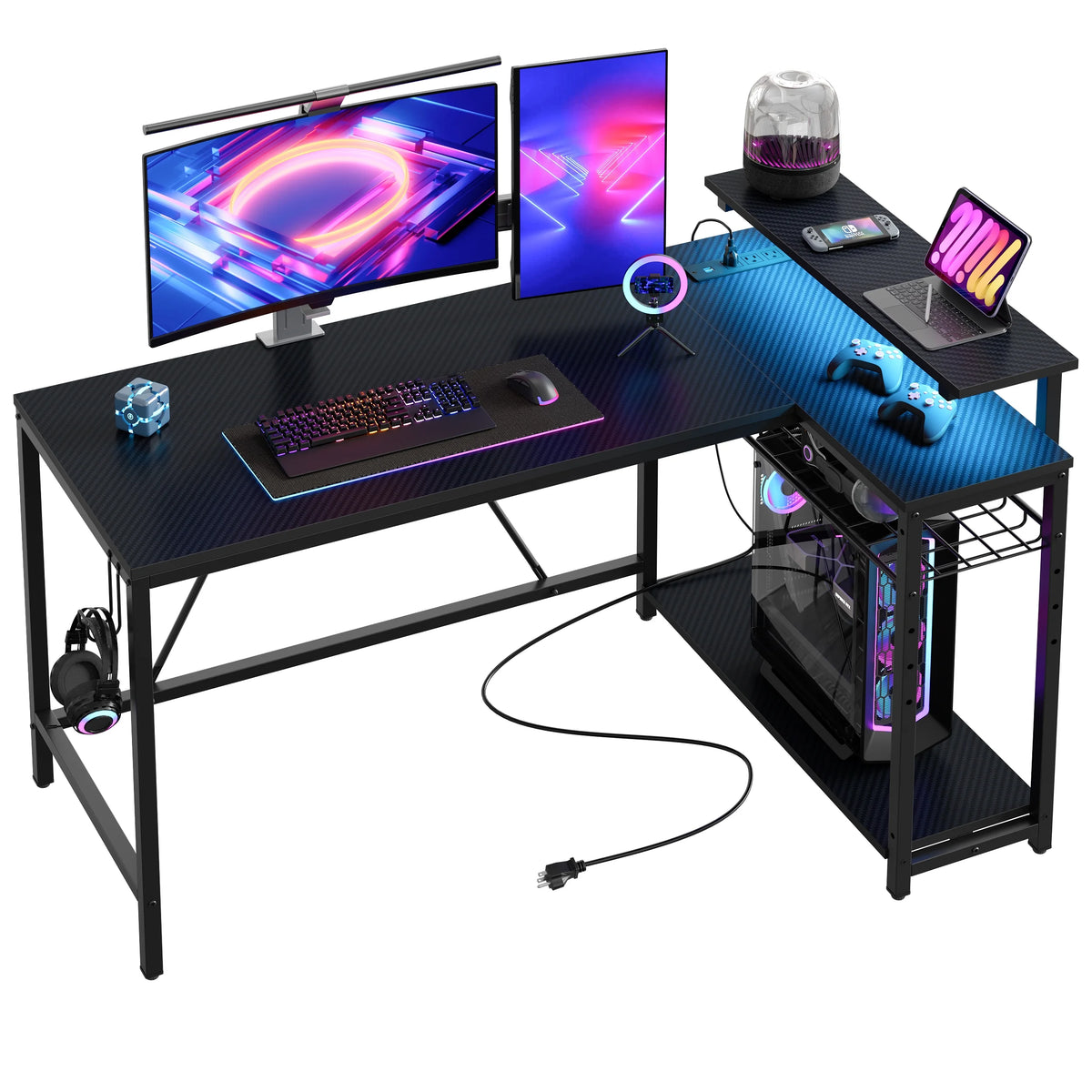 Bestier 52" Gaming Desk with LED Lights L Shaped Desk with Power Outlet & Monitor Stand Corner Computer Desk in Carbon Fiber