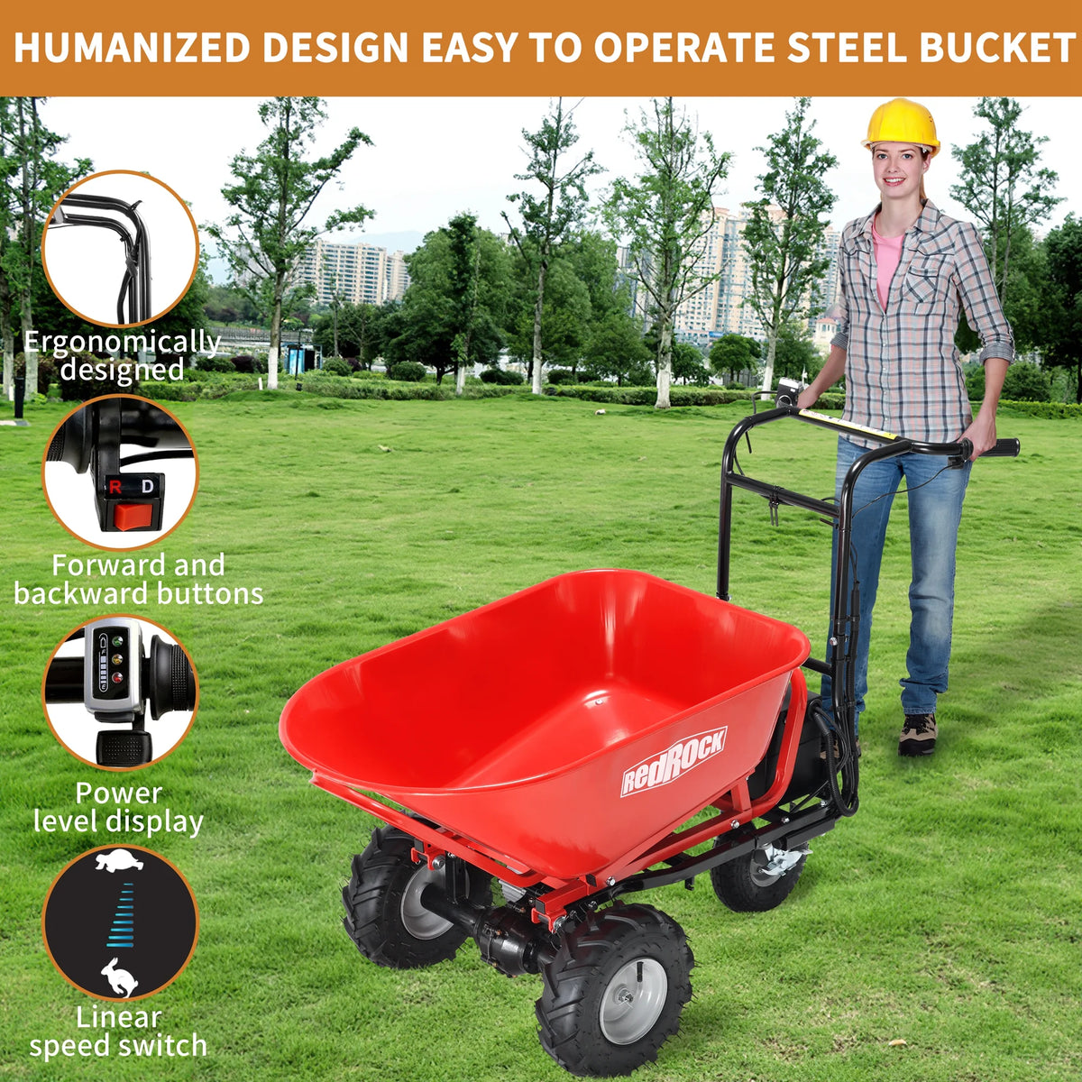 RedRock Wheelbarrow Utility Cart Electric Powered Cart 48V28Ah 500W Capacity 500lbs (230kg) Material Debris Hauler 1000lbs Towing