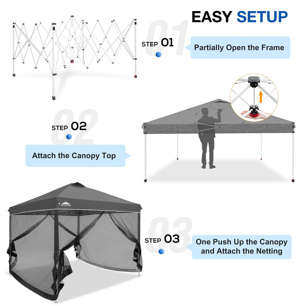 EAGLE PEAK 10 x 10 Outdoor Easy Pop up Canopy with Netting, Instant Screen Party Tent with Mesh Side Walls, American Flag
