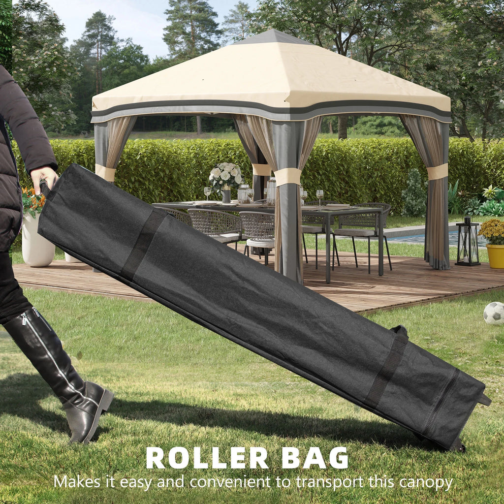 Outsunny 10' x 10' Pop Up Canopy with Nettings, Foldable Party Tent with Wheeled Carry Bag and 4 Sand Bags, Beige