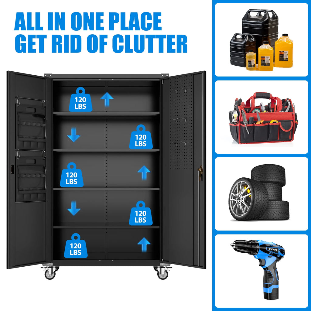 SUPEER 71" Metal Storage Cabinets with Wheels and Pegboards, Industrial Cabinet with 2 Drawers and 2 Adjustable Shelves,, Assembly Required