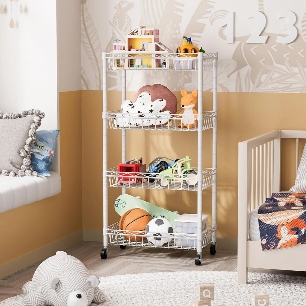 6 Tier Wire Shelving Unit with Wheels Baskets Storage Rack Corner Shelves Adjustable Shelf Closet Bathroom Organizers Metal Pantry Kitchen Garage Laundry Room 13.5" D x 13.5" W x 63" H Silver
