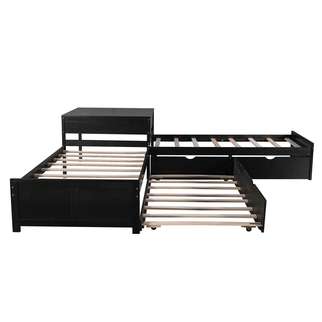 Euroco Wood Twin Size L-Shaped Platform Bed with Square Storage Table for Kids Teens, 2 Platform Beds with Trundle and Drawers for Living Room, 3 Twin Beds, Gray