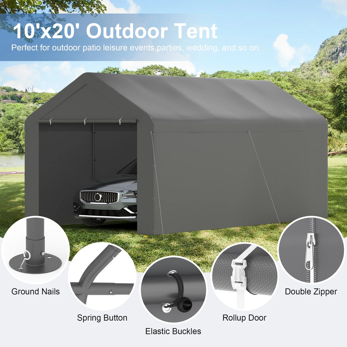 GOJOOASIS Carport, 10 x 20 Heavy Duty Carport Canopy with Removable Sidewall, Water-Resistant Portable PE Garage with All-Season Tarp Beige