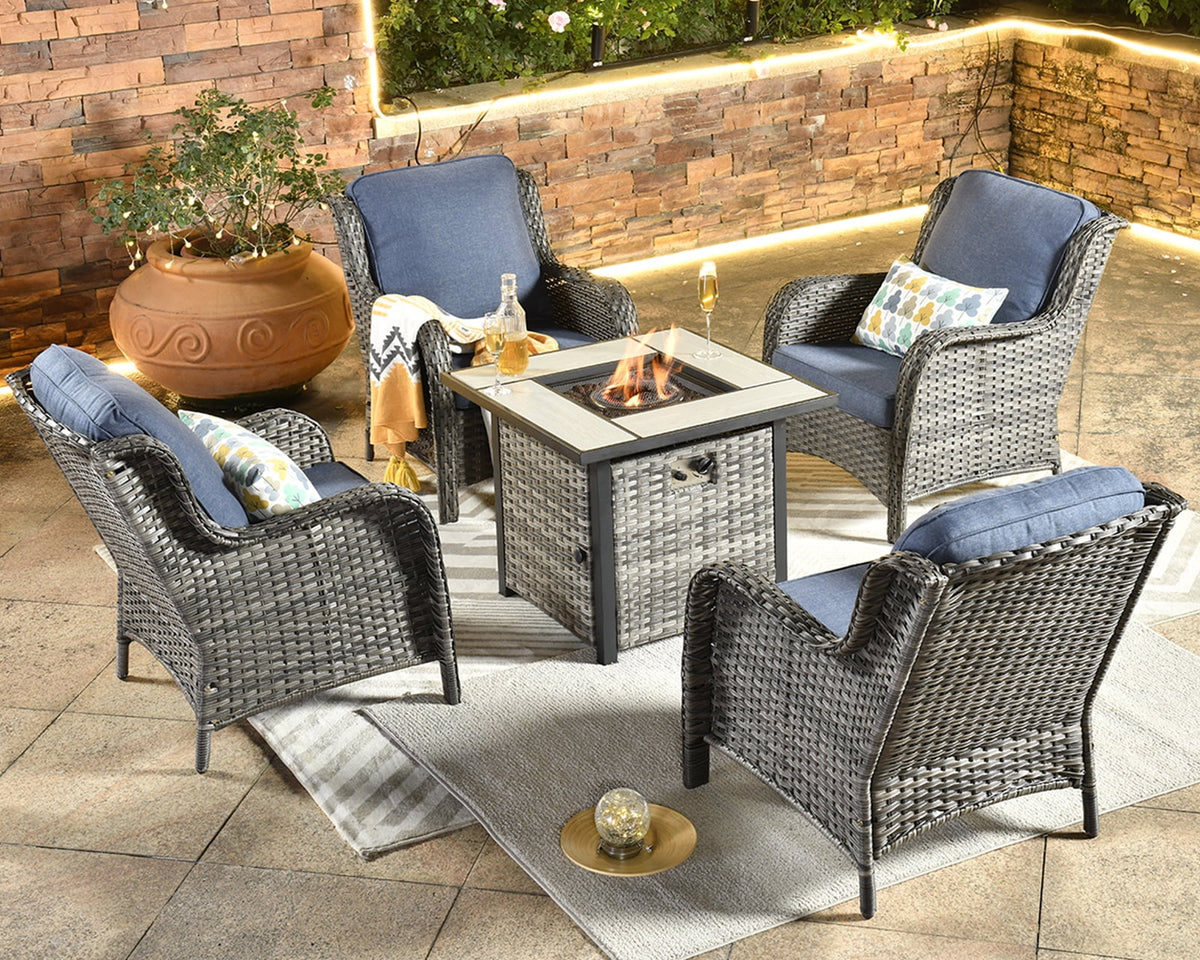 Ovios 6 Pieces Outdoor Furniture with CSA Fire Pit All Weather Wicker Patio Conversation Set with Single Chair for Porch