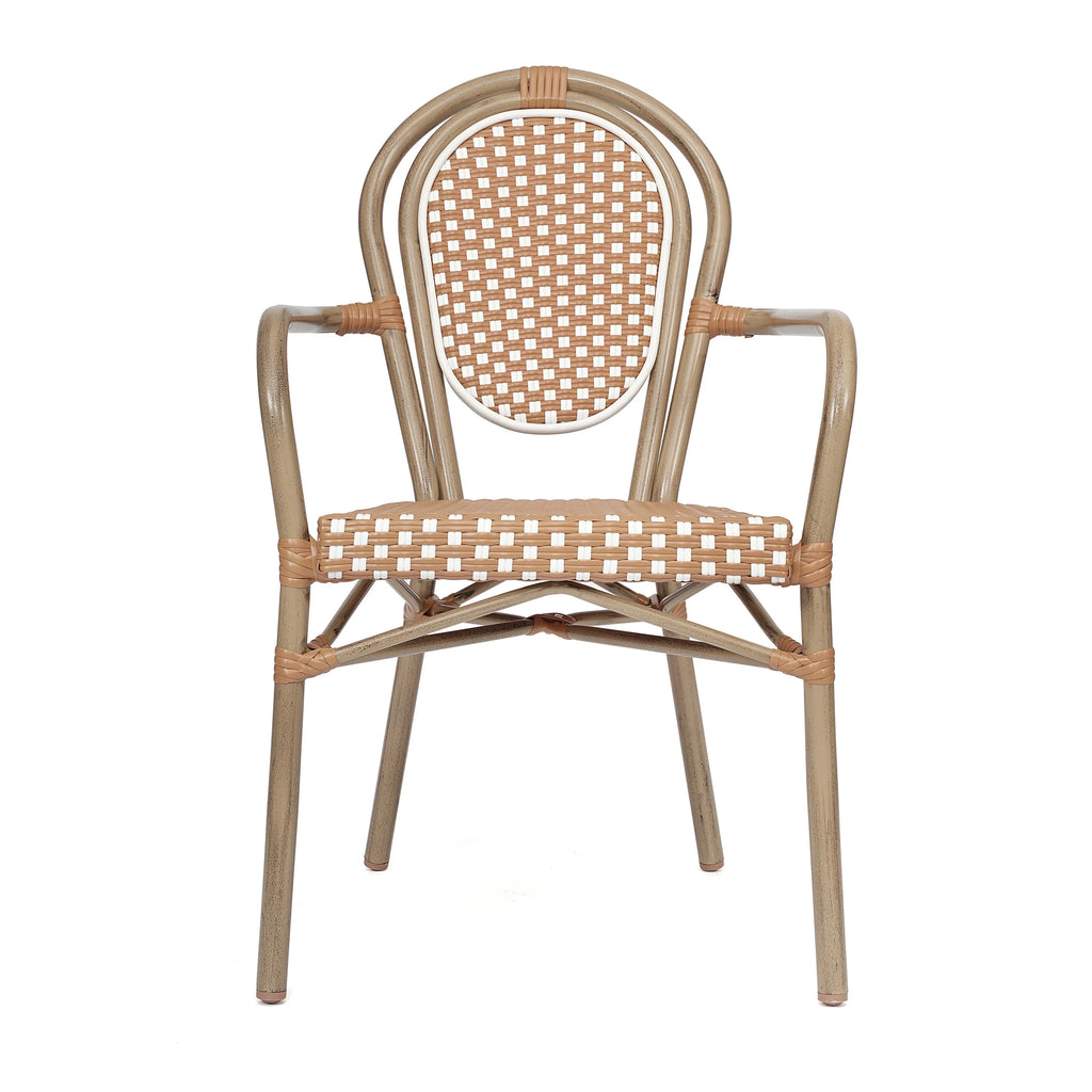 Merrick Lane Stacking Thonet French Bistro Style Chair with Arms, Black & White PE Rattan Seat, and Bamboo Finished Metal Frame for Indoor/Outdoor Use