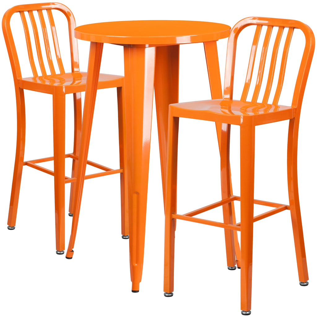 Flash Furniture Earl Commercial Grade 24" Round Silver Metal Indoor-Outdoor Bar Table Set with 2 Vertical Slat Back Stools