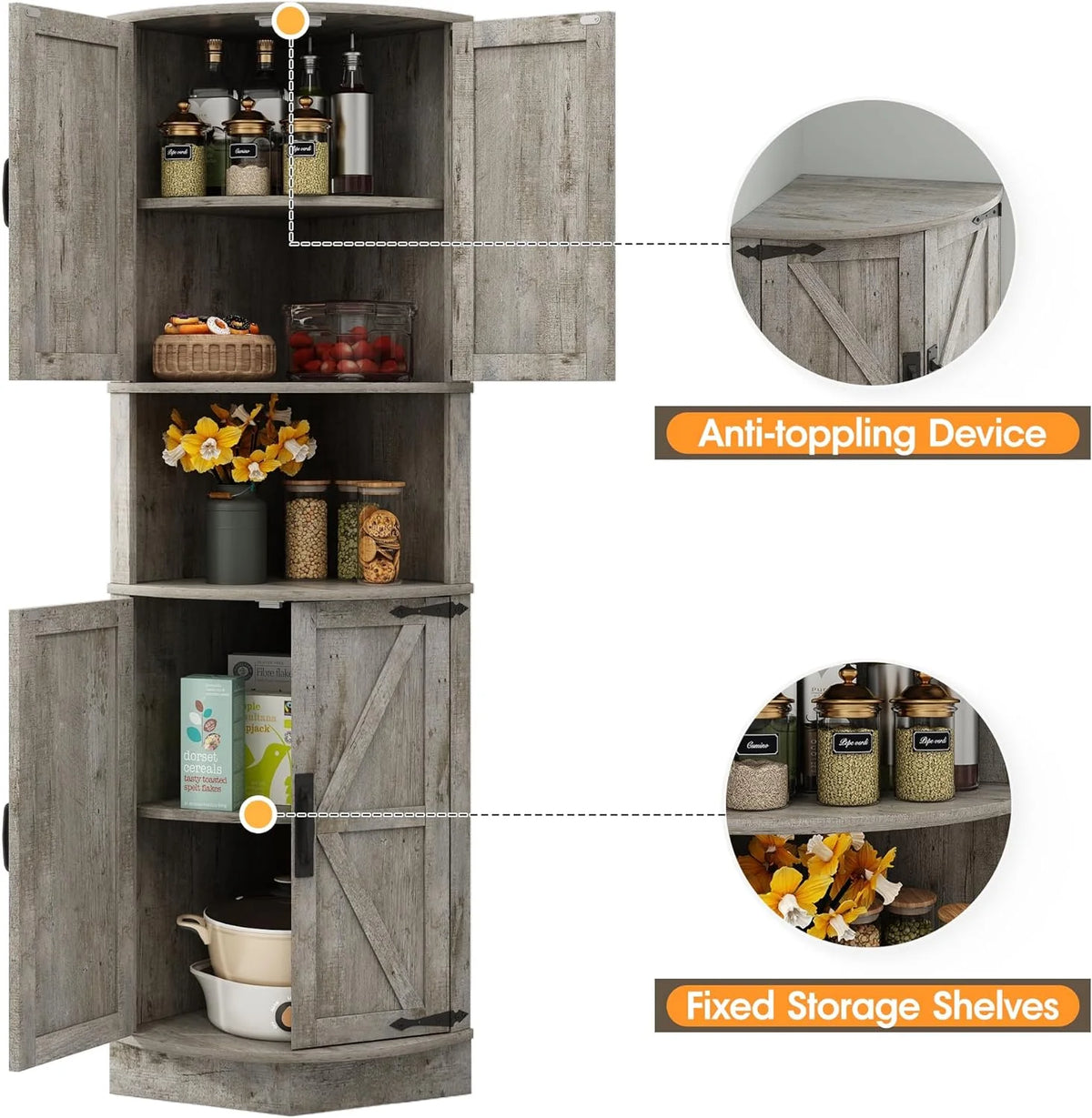 Vabches Farmhouse 64.8'' Tall Corner Cabinet with 4 Doors and 5 Storage Shelves for Kitchen, Living Room, White