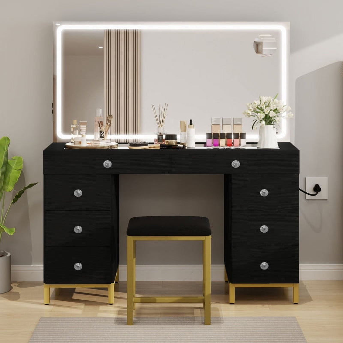 Uforic 55" Vanity Desk with Lighted Mirror & Power Outlet & 8 Drawers, Modern Makeup Vanity Table Set with Storage Stool, White