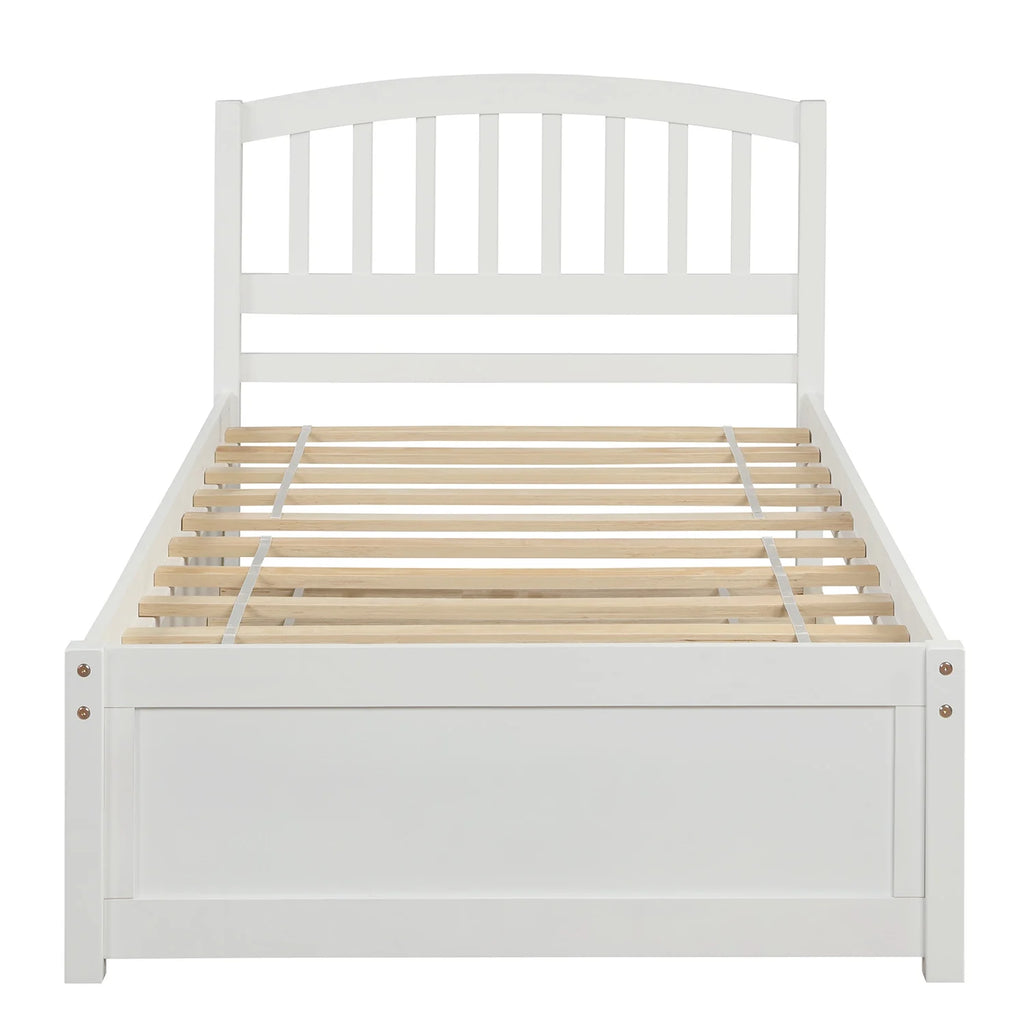 Aukfa Twin Platform Bed with Trundle - Trundle Bed with Headboard for Kids Teens - White