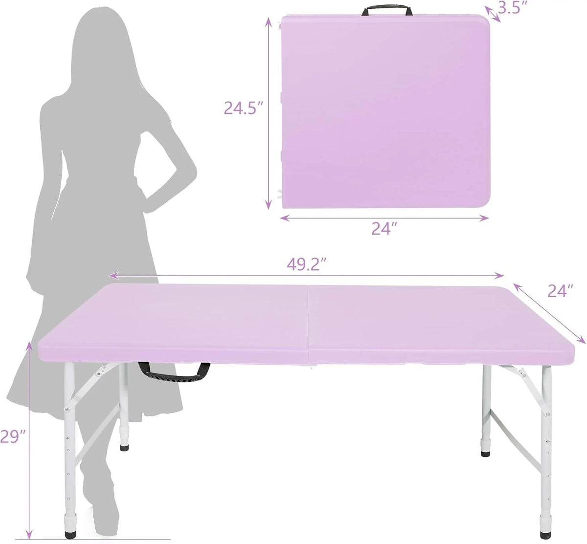 Folding Table with Carry Handle, Portable Fold-in-Half Plastic Table, Rectangle Foldable Table for Indoor